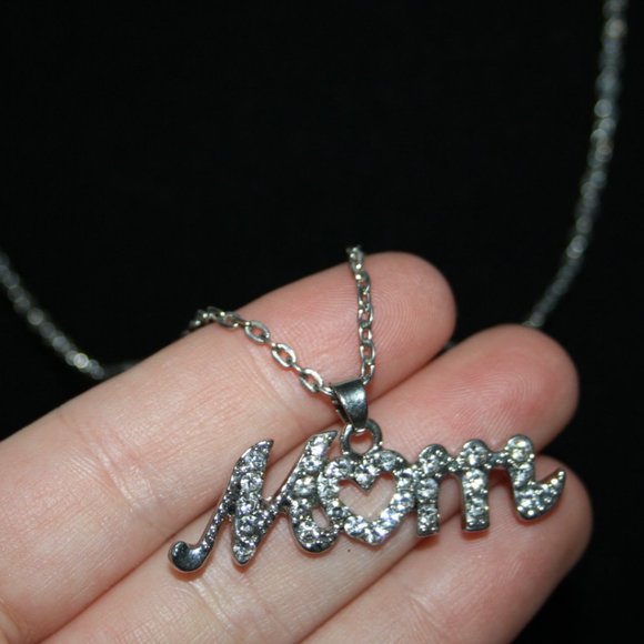 Silver and sparkling cz stone necklace MOM 20"